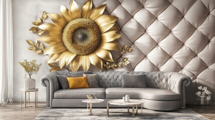 Golden sunflower on patterned wall above gray sofa in a living room, home decor