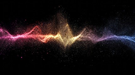 Vibrant rainbow sound waves made of glowing particles flow across a dark background, forming dynamic curves and dust, visualizing audio frequency spectrum and energy motion for modern design.