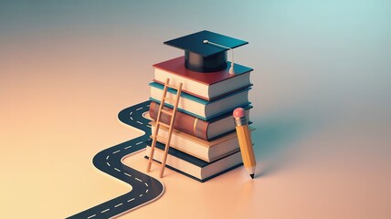 Educational career path concept with books ladder and graduation cap