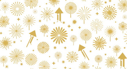Festive gold fireworks and rocket pattern on white background