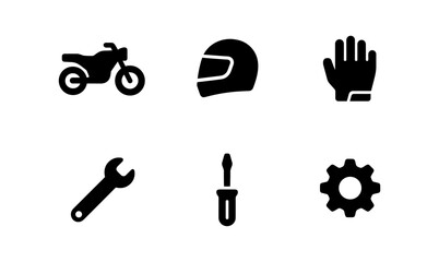 Fototapeta premium Motorcycle gear and tools icons set: helmet, gloves, wrench, screwdriver, gear