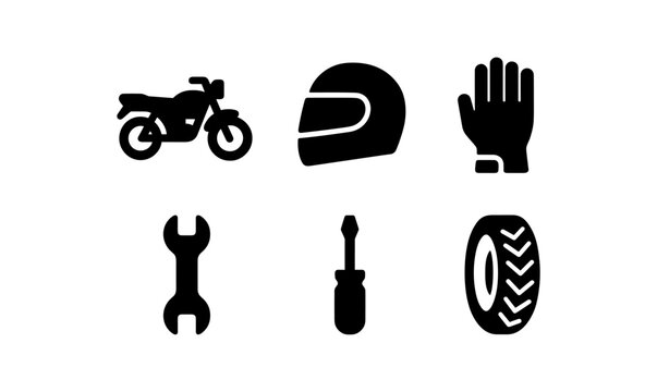Essential motorcycle icons: helmet, gloves, tools, and tire silhouettes