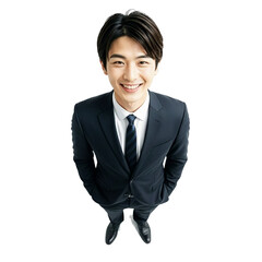 Transparent background／背景透過のスーツ姿で笑顔の若いビジネスマン（俯瞰・切り抜き・コピースペース）