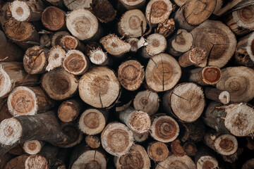 Stacked firewood logs with rough cut ends showing natural grain and warm brown tones, creating a rustic textured background ideal for heating, construction, and design uses
