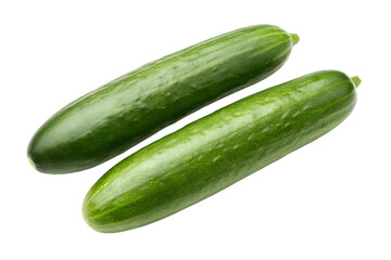 Two vibrant green cucumbers isolated on a white studio background. A fresh, raw vegetable duo perfect for a healthy diet, salads, and nutritious meals