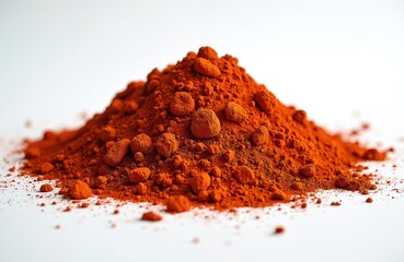 Pile of red soil ochre on white backdrop. Red earth pigment isolated. Dry clay texture. Raw material for art. Geology concept. Ground surface