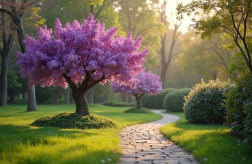 Obraz premium Blooming purple tree stands in beautiful spring garden. Stone walkway winds through green manicured lawn. Peaceful park is filled with warm morning sunlight. This picturesque landscape is serene.