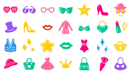 Flat vector illustration of colorful fashion doodle symbols. Includes sunglasses, shoes, dresses, handbags, hats, and accessories.