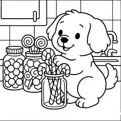 Vector art of cute cartoon puppy dog reaching for candy canes and lollipops in jars, a delightful illustration for childrens coloring pages and holiday designs, perfect for a festive and sweet theme © Awais Creative