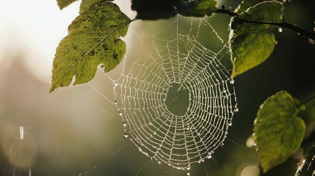 A magical macro shot of a dew-covered spider web on a plant, with water droplets sparkling like jewels in the morning light. Intricate and beautiful.