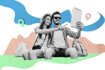 Composite photo collage of happy girl guy tourist surf ipad gps route adventure summer travel family day isolated on painted background