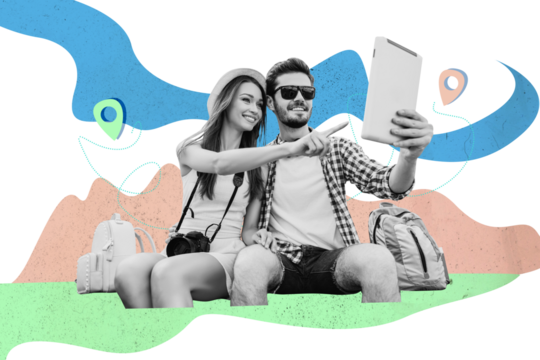 Composite photo collage of happy girl guy tourist surf ipad gps route adventure summer travel family day isolated on painted background