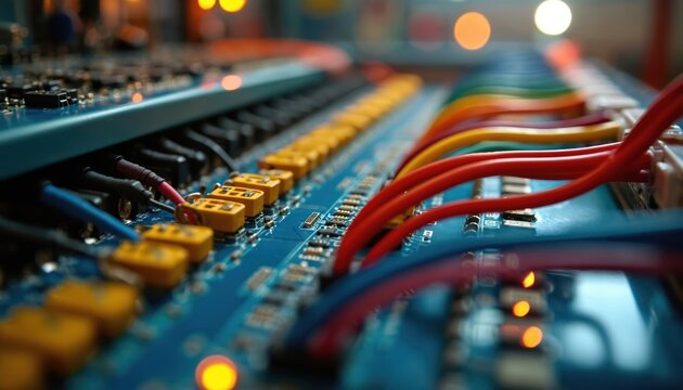 Close-up photo details complex electronic circuit board showing wires connectors and components. Colorful cables connect to electrical equipment. Tech concept of tech installations or data center. - Powered by Adobe