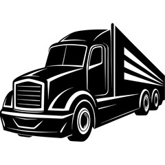 Bold black and white illustration of a modern semi truck with a trailer on a white background