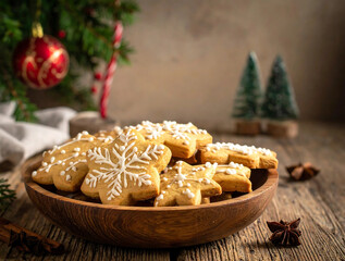 Fototapeta premium Christmas gingerbread cookies on wooden table with festive decorations and ribbons