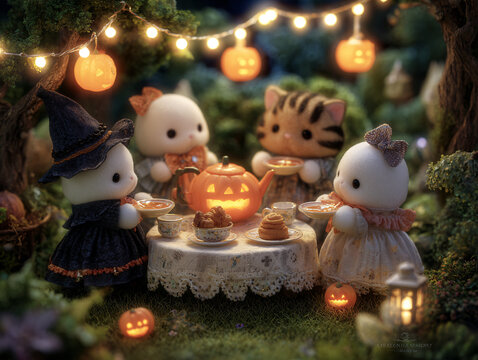 Cute cats in pumpkin costumes having cozy Halloween tea party under warm fairy lights.
