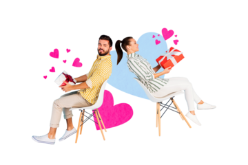 Composite photo collage of two happy girl guy sit chair valentine day surprise present box greeting heart isolated on painted background