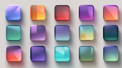 Vibrant Glassmorphism Icons Grid: Glossy Rounded Squares with Gradient Hues and Soft Shadows