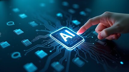 AI technology, Artificial intelligence circuit board, human finger touching glowing AI chip