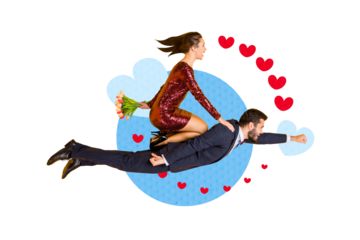 Composite photo collage of two happy glamour girl guy fly superhero pose carry present tulips bouquet love isolated on painted background