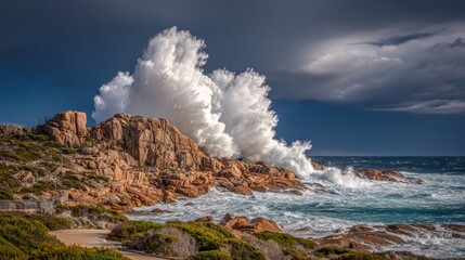 Dynamic ocean waves crashing against rocky shoreline under dramatic sky