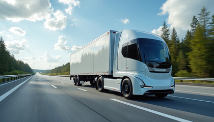 Obraz premium Futuristic white electric semi truck drives on highway through green forest. Modern autonomous vehicle transports cargo on road. Clean energy logistics future.