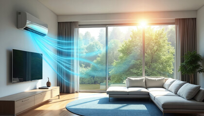 Modern home interior with air conditioner blowing cool blue air. Sunlight streams through large window showing green trees outside. Comfortable living room with sofa and television.