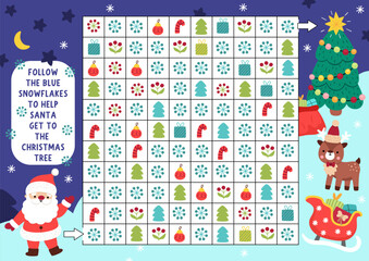 Christmas maze, seek and find game with winter snowy landscape. Attention skills puzzle. New Year printable activity. Logical searching puzzle. Follow snowflakes to help Santa get to tree