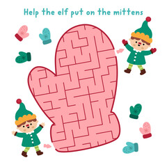 Christmas geometrical maze for kids. New Year preschool printable activity shaped as mitten on white background. Winter holiday labyrinth game puzzle with elf putting on warm glove