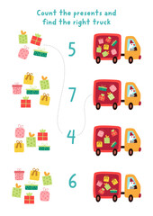 Match the numbers Christmas game with goose driver on a truck with presents. New Year math activity for preschool kids. Winter holiday educational counting worksheet with gifts and bird on car