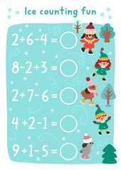 Christmas counting game with simple sums written on skating rink. New Year math addition and subtraction activity. Winter holiday printable worksheet for kids with skating elf, animals