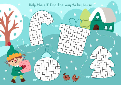 Christmas maze for kids geometrical candy cane, tree, present, ball. New Year preschool printable activity. Winter holiday labyrinth game or puzzle. Help the elf find the way to his house