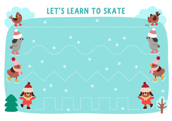 Vector Christmas handwriting practice worksheet with cute skating animals and ice rink. New Year printable activity for preschool children. Winter holiday tracing game for writing skills