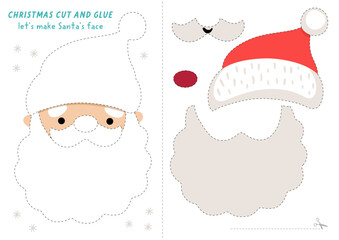 Lets make Santa Claus face cut and glue activity. Christmas educational crafting game with traditional winter character. Find missing parts. Vector New Year printable page for kids