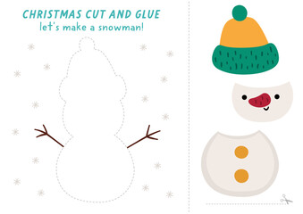 Lets make a snowman cut and glue activity. Christmas educational crafting game with traditional winter snowy character. Find missing parts. Vector New Year printable page for kids