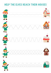 Vector Christmas handwriting practice worksheet with cute elves and their houses. New Year preschool printable activity. Winter holiday tracing game for writing skills with traditional characters