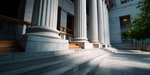 Grand marble courthouse steps with classical columns and soft sunlight creating dramatic architectural mood