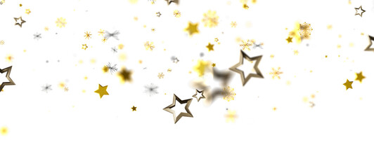 Sparkling gold stars and confetti on a clean white backdrop, ideal for festive designs. Perfect for celebration, Christmas, and New Year themes.