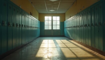 Empty school hallway with teal lockers lines both sides. Sunlight streams through end window, casting long shadows on dusty floor. Old educational building interior shows clear signs of decay,
