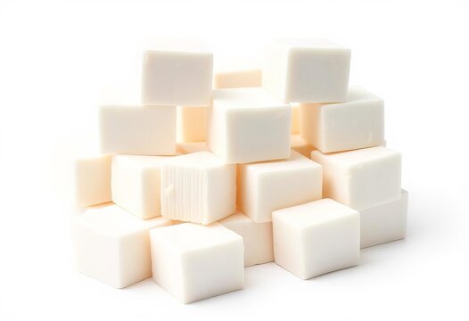 Silky-smooth, unpressed tofu cubes, pristine white, set against a pure white backdrop,  background, tofu