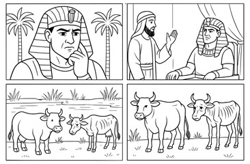 Joseph's dream interpretation with pharaoh and cows - biblical scene for educational use