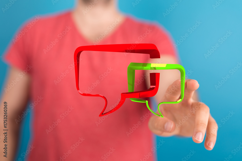 Wall mural conceptual representation of dialog and chat. a man presenting communication bubbles for online conv