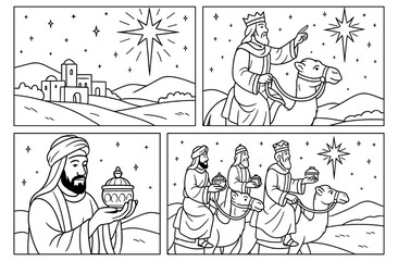 Nativity journey: three wise men following star for christmas storytelling design