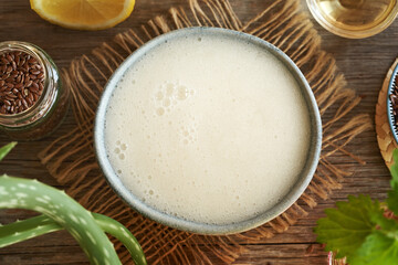 DIY shampoo made with homemade flax seed gel, argan oil, apple cider vinegar, nettle and coco glucoside, top view