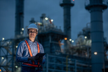 Confident industrial engineer wearing safety helmet and reflective vest holding digital tablet during night shift at oil refinery or power plant, focusing on smart facility management and safety.
