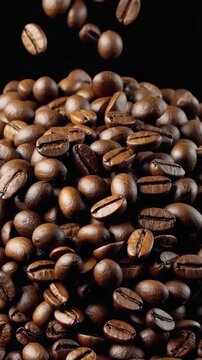Ger&ouml;stete Kaffeebohnen fallen in Zeitlupe &ndash; Nahaufnahme, dunkler Hintergrund