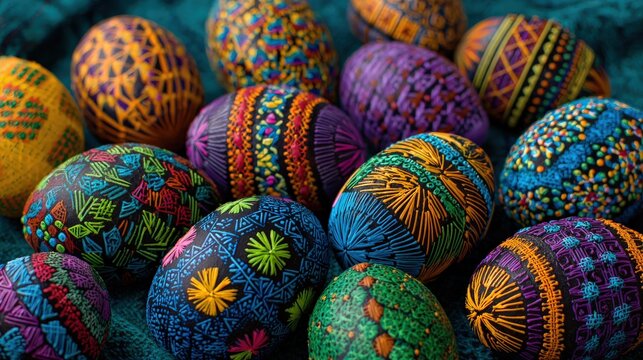 Colorful handcrafted decorative eggs with intricate patterns on textured background - Powered by Adobe