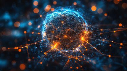 A captivating illustration of a digital network, showcasing interconnecting nodes and glowing connections in a vibrant blue and orange hue.