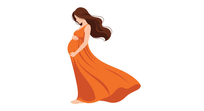A pregnant woman in a flowing orange dress on a white background.