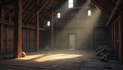 Wooden interior of an old abandoned building. Sunlight streams through windows illuminating dust and debris. Atmospheric vintage setting evokes a sense of history and decay.